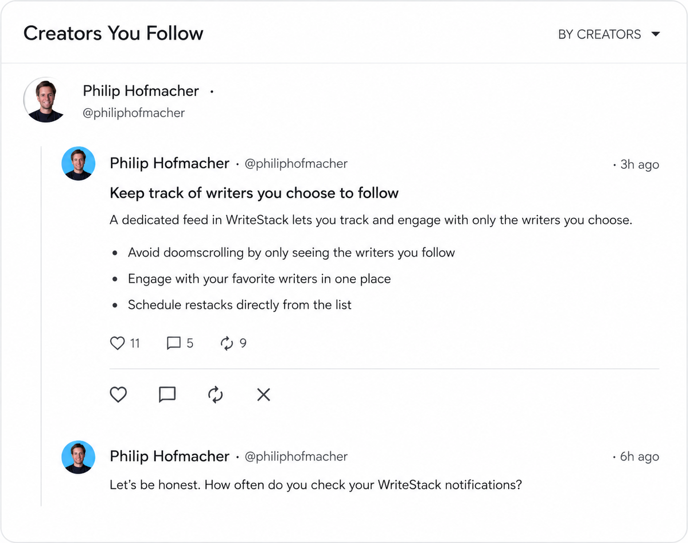 Creators you follow feed view