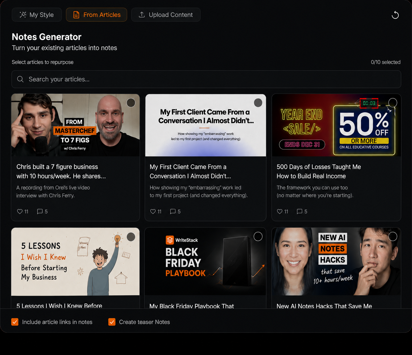 Notes generator with From Articles content picker